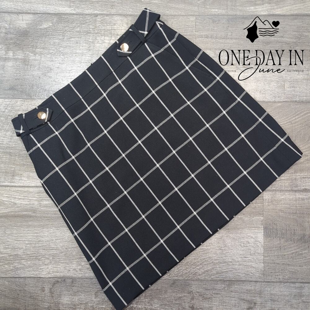 Loft Windowpane Plaid Mini Skirt Black White Gold Buttons Size 8